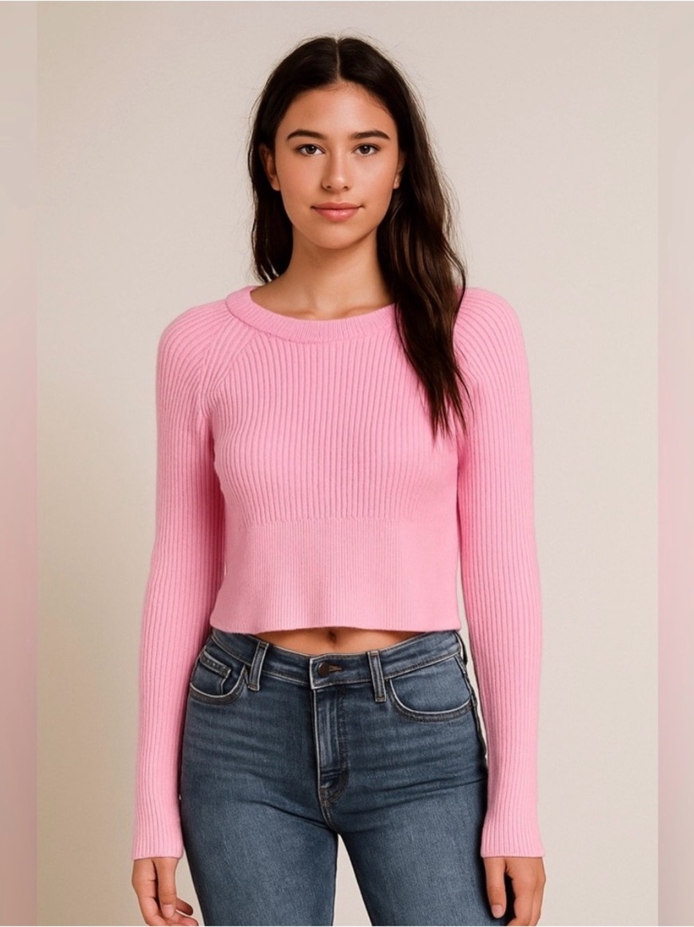PrettyGarden Chic Pink Ribbed Crewneck Crop Sweater, Women’s Size Medium